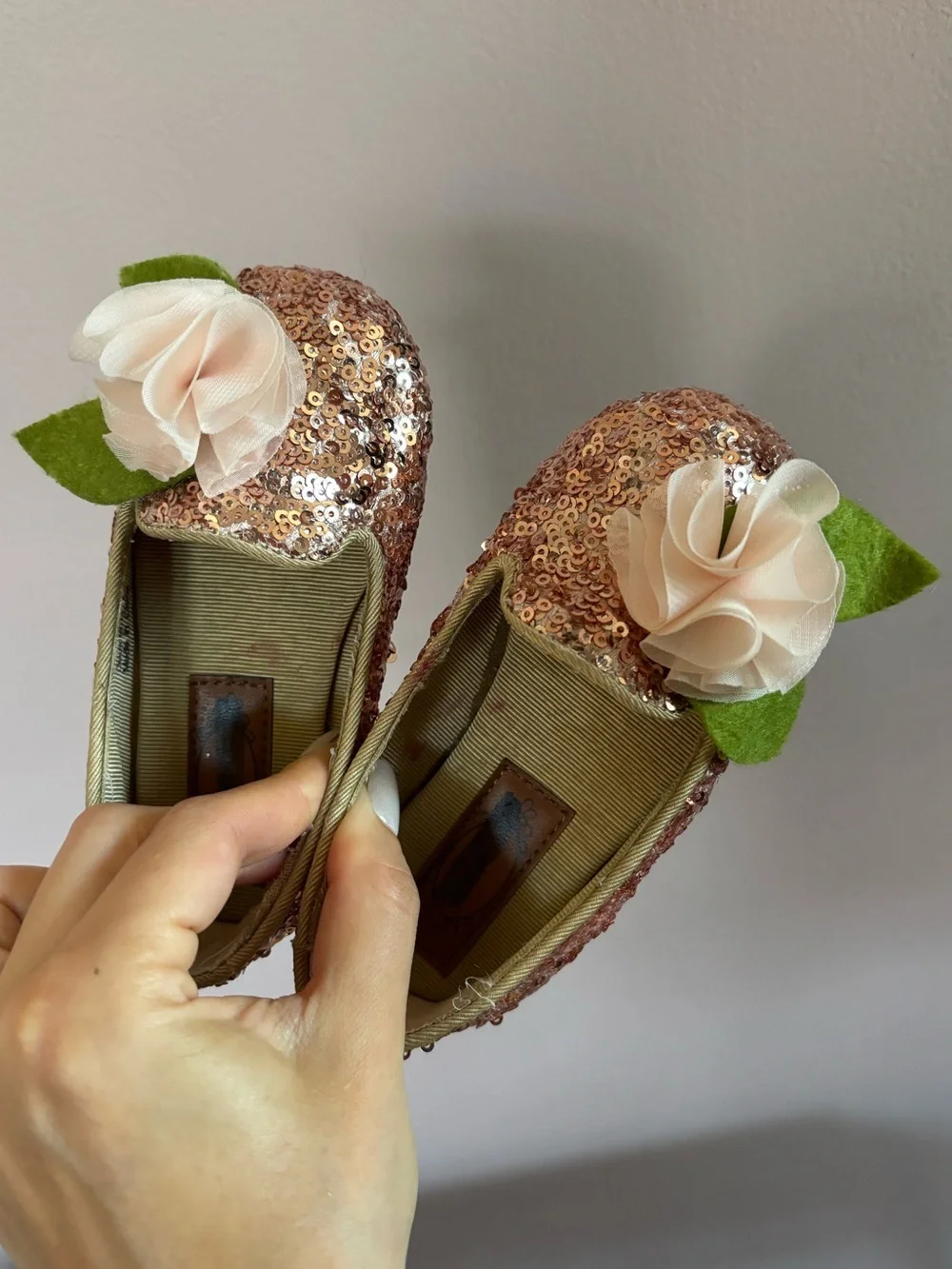 Joyfolie Girls 6 baby Rose Gold Sequin Flats Shoes Pink Flower Party Formal